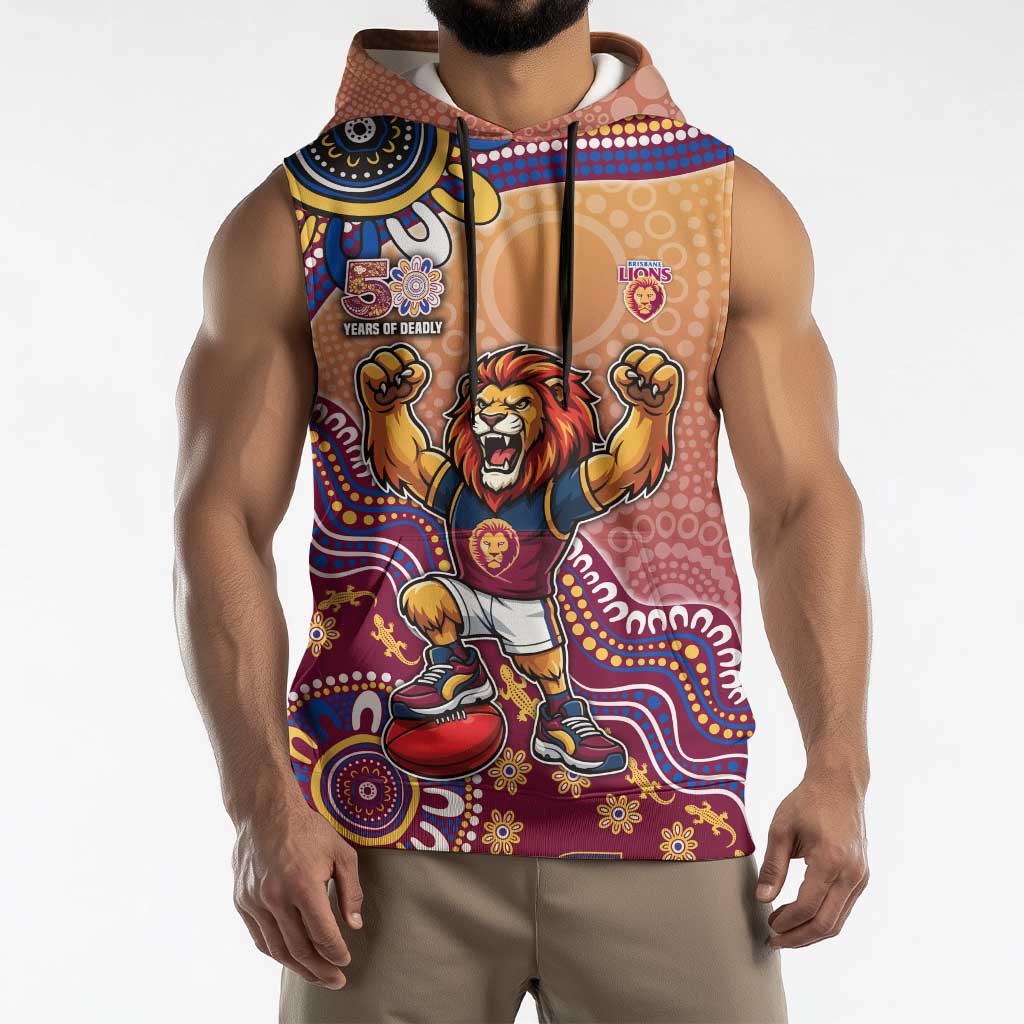 Personalized Brisbane Lions Football Mascot Sleeveless Hoodie Aboriginal Dot Art Style Vibrant Indigenous Pattern Design