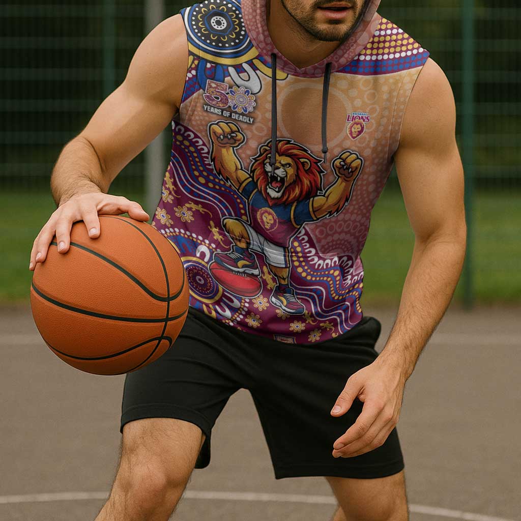Personalized Brisbane Lions Football Mascot Sleeveless Hoodie Aboriginal Dot Art Style Vibrant Indigenous Pattern Design