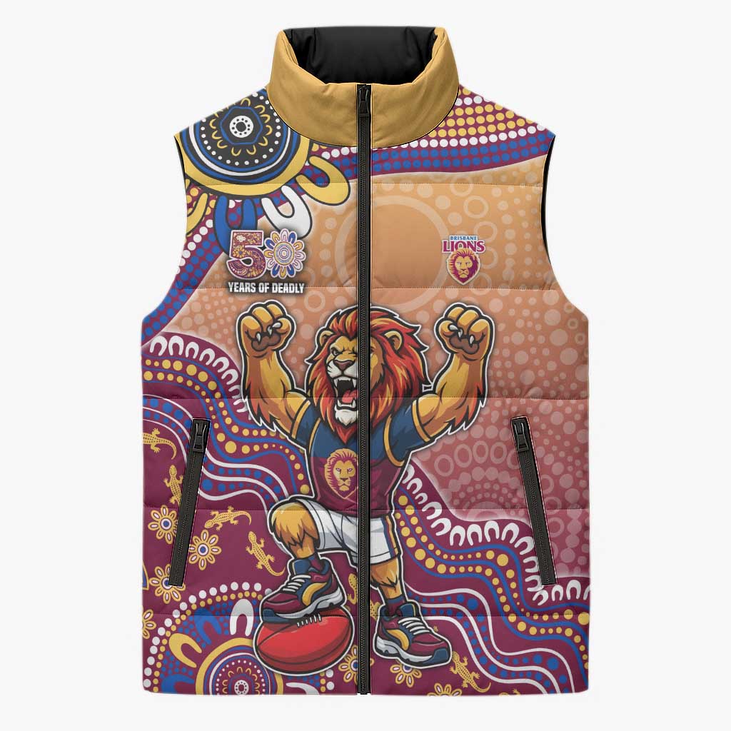 Personalized Brisbane Lions Football Mascot Sleeveless Puffer Jacket Aboriginal Dot Art Style Vibrant Indigenous Pattern Design