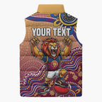 Personalized Brisbane Lions Football Mascot Sleeveless Puffer Jacket Aboriginal Dot Art Style Vibrant Indigenous Pattern Design