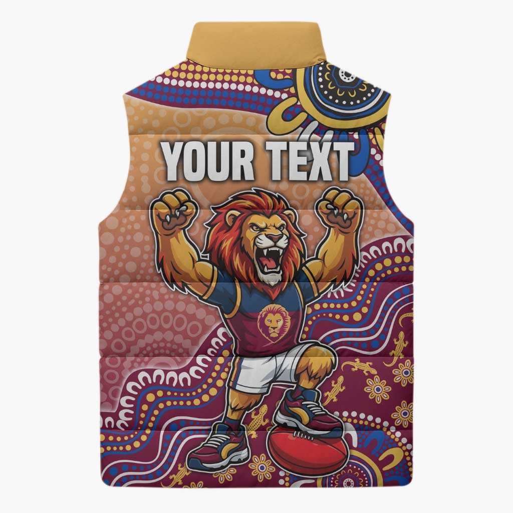 Personalized Brisbane Lions Football Mascot Sleeveless Puffer Jacket Aboriginal Dot Art Style Vibrant Indigenous Pattern Design