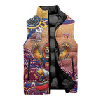 Personalized Brisbane Lions Football Mascot Sleeveless Puffer Jacket Aboriginal Dot Art Style Vibrant Indigenous Pattern Design