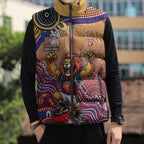 Personalized Brisbane Lions Football Mascot Sleeveless Puffer Jacket Aboriginal Dot Art Style Vibrant Indigenous Pattern Design