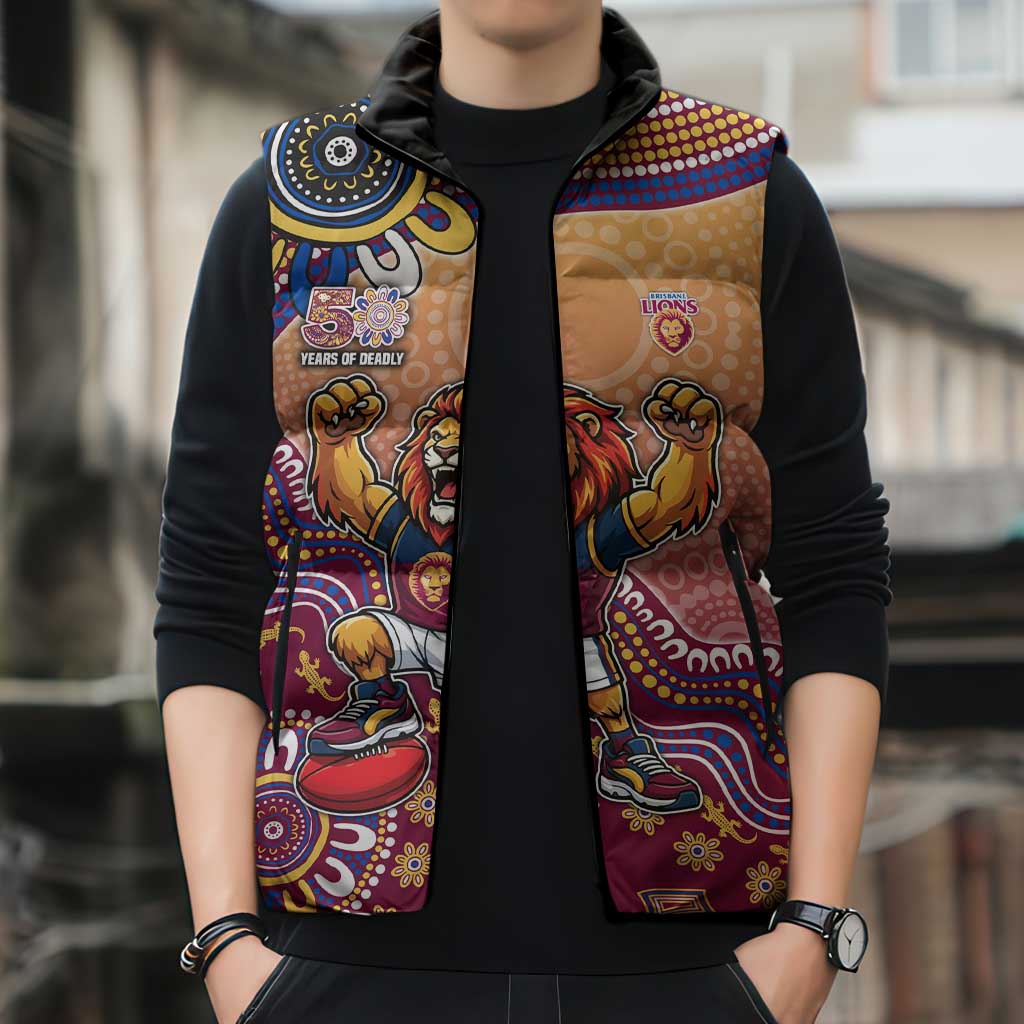 Personalized Brisbane Lions Football Mascot Sleeveless Puffer Jacket Aboriginal Dot Art Style Vibrant Indigenous Pattern Design