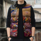 Personalized Brisbane Lions Football Mascot Sleeveless Puffer Jacket Aboriginal Dot Art Style Vibrant Indigenous Pattern Design