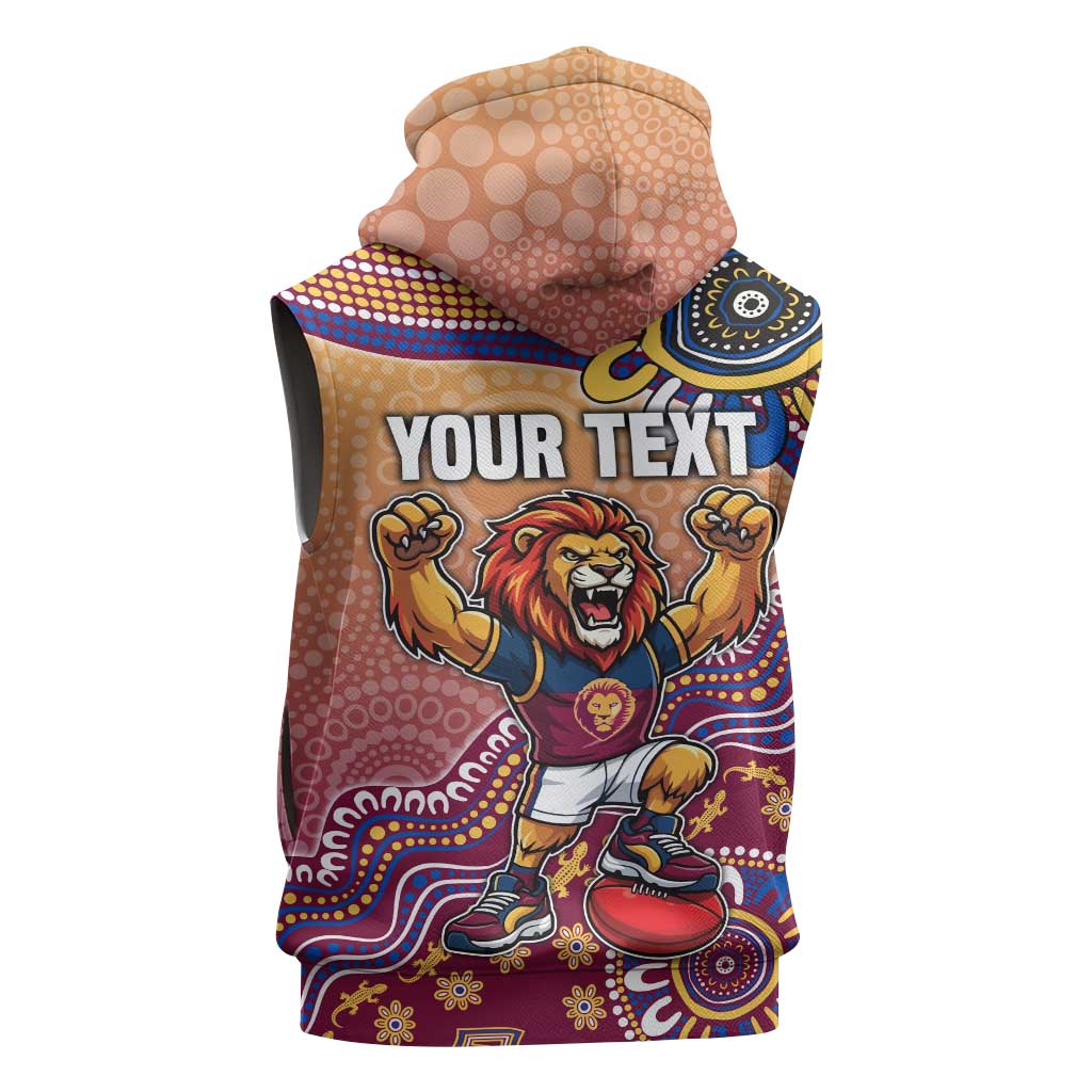 Personalized Brisbane Lions Football Mascot Sleeveless Zip Hoodie Aboriginal Dot Art Style Vibrant Indigenous Pattern Design