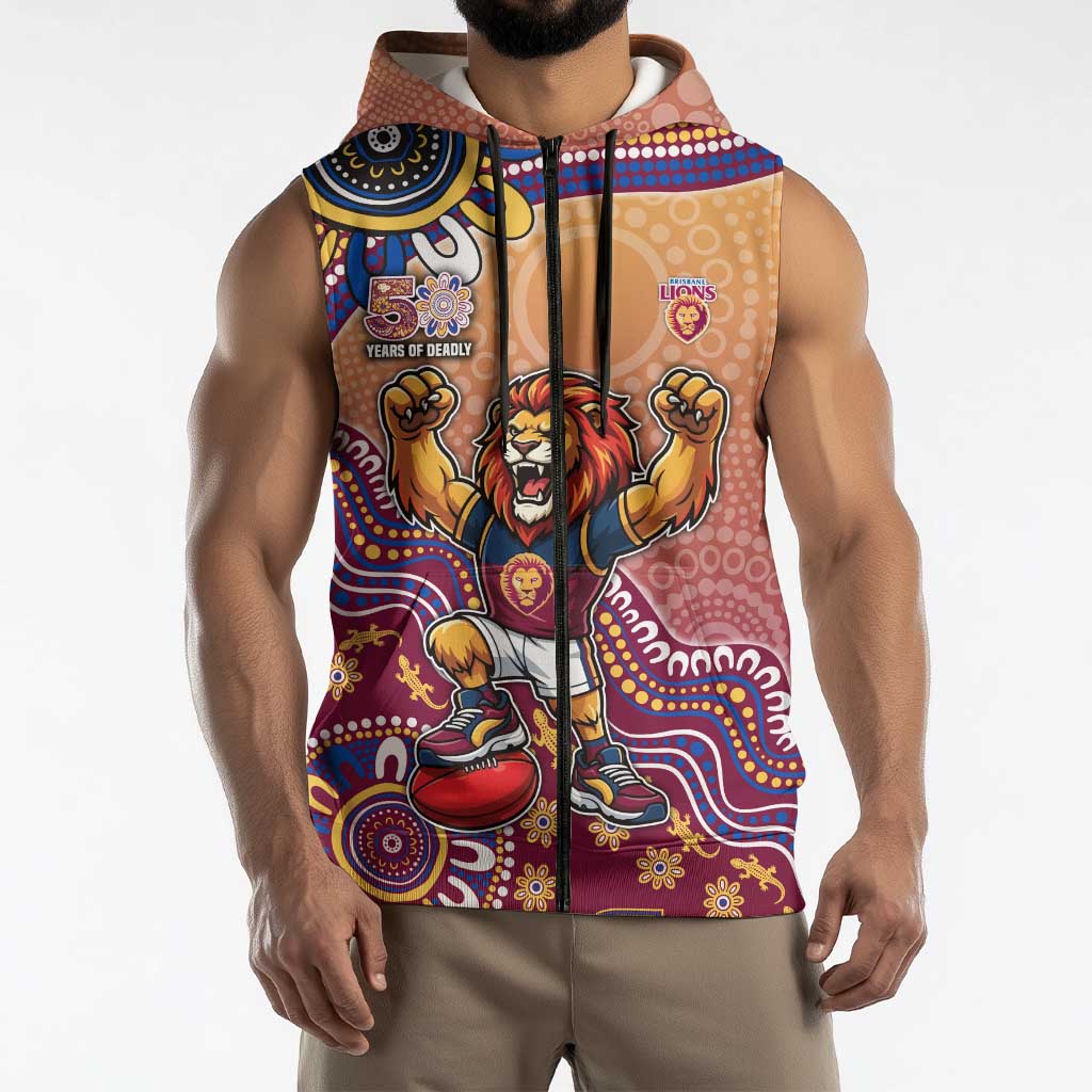 Personalized Brisbane Lions Football Mascot Sleeveless Zip Hoodie Aboriginal Dot Art Style Vibrant Indigenous Pattern Design