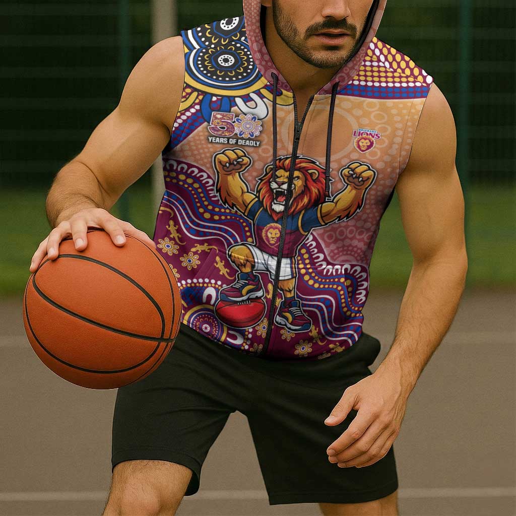 Personalized Brisbane Lions Football Mascot Sleeveless Zip Hoodie Aboriginal Dot Art Style Vibrant Indigenous Pattern Design