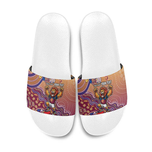 Personalized Brisbane Lions Football Mascot Slide Sandals Aboriginal Dot Art Style Vibrant Indigenous Pattern Design