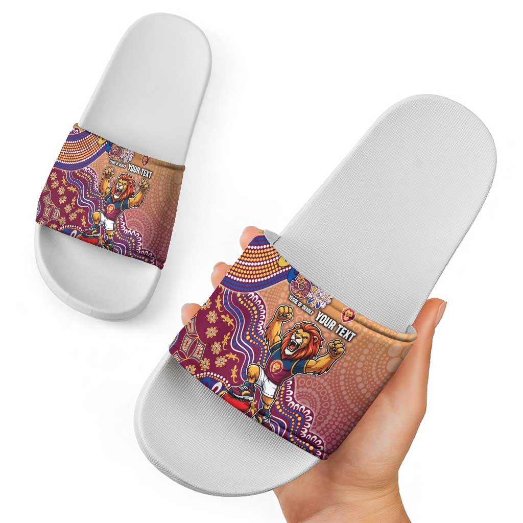 Personalized Brisbane Lions Football Mascot Slide Sandals Aboriginal Dot Art Style Vibrant Indigenous Pattern Design