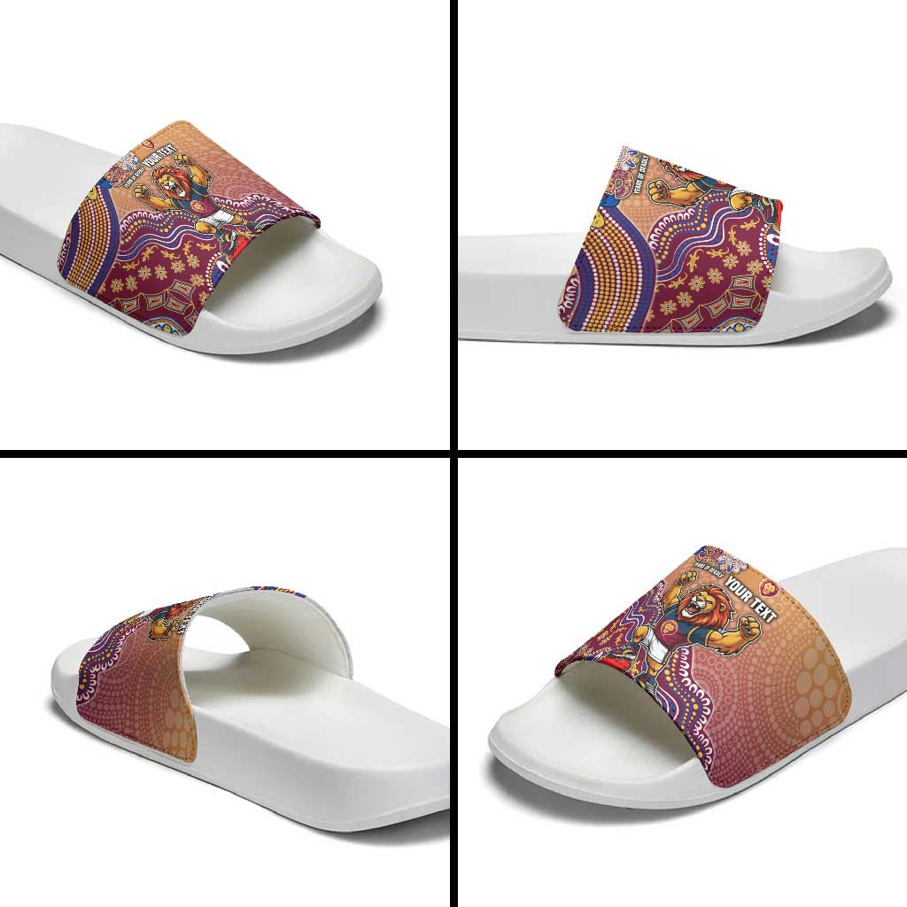 Personalized Brisbane Lions Football Mascot Slide Sandals Aboriginal Dot Art Style Vibrant Indigenous Pattern Design