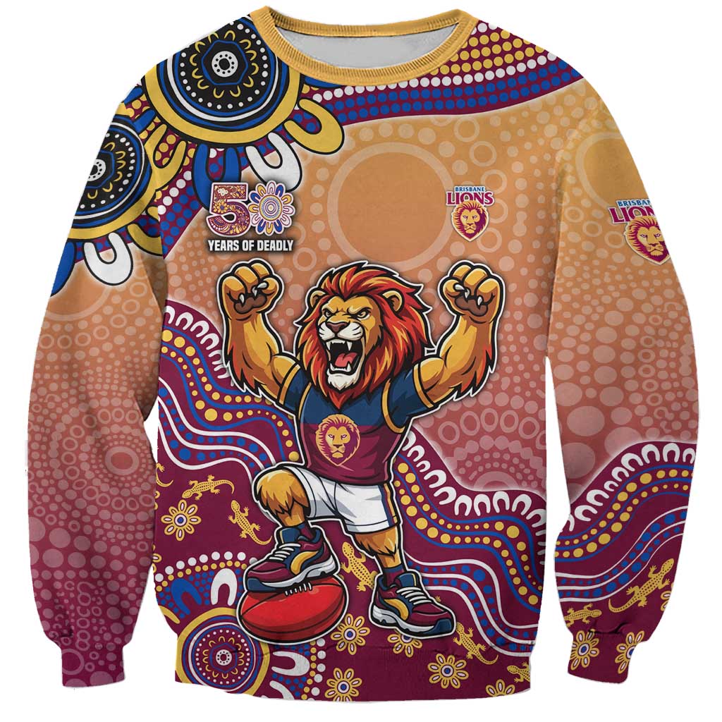 Personalized Brisbane Lions Football Mascot Sweatshirt Aboriginal Dot Art Style Vibrant Indigenous Pattern Design