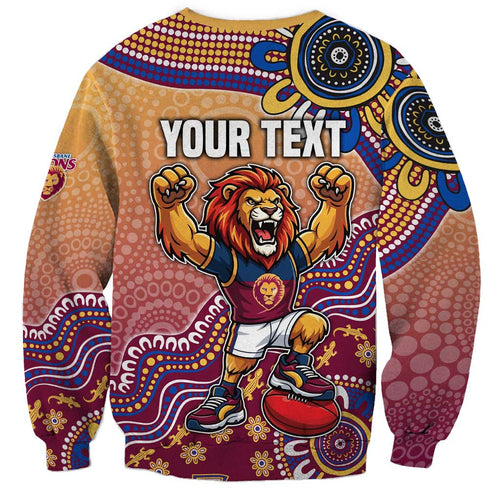 Personalized Brisbane Lions Football Mascot Sweatshirt Aboriginal Dot Art Style Vibrant Indigenous Pattern Design