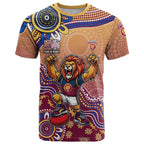 Personalized Brisbane Lions Football Mascot T Shirt Aboriginal Dot Art Style Vibrant Indigenous Pattern Design
