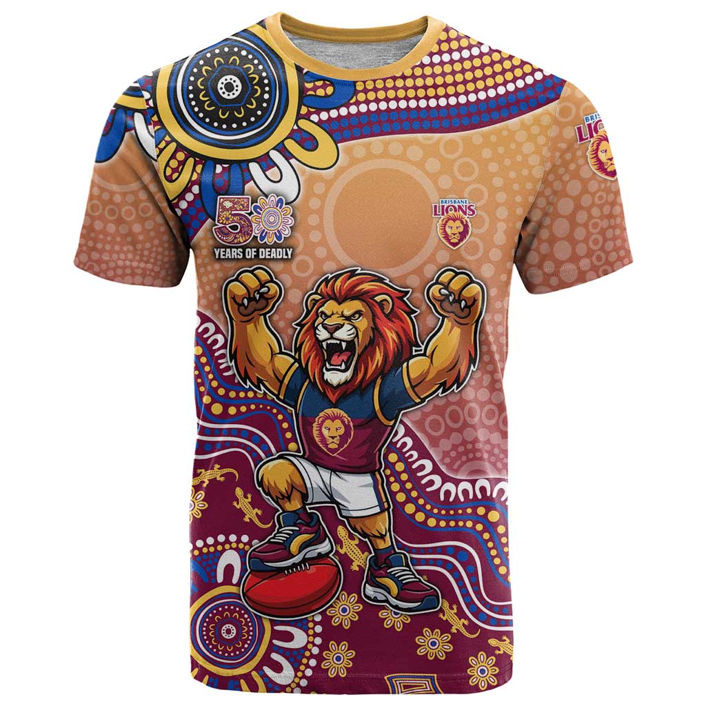 Personalized Brisbane Lions Football Mascot T Shirt Aboriginal Dot Art Style Vibrant Indigenous Pattern Design