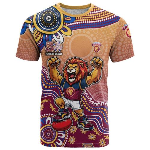 Personalized Brisbane Lions Football Mascot T Shirt Aboriginal Dot Art Style Vibrant Indigenous Pattern Design