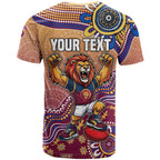Personalized Brisbane Lions Football Mascot T Shirt Aboriginal Dot Art Style Vibrant Indigenous Pattern Design