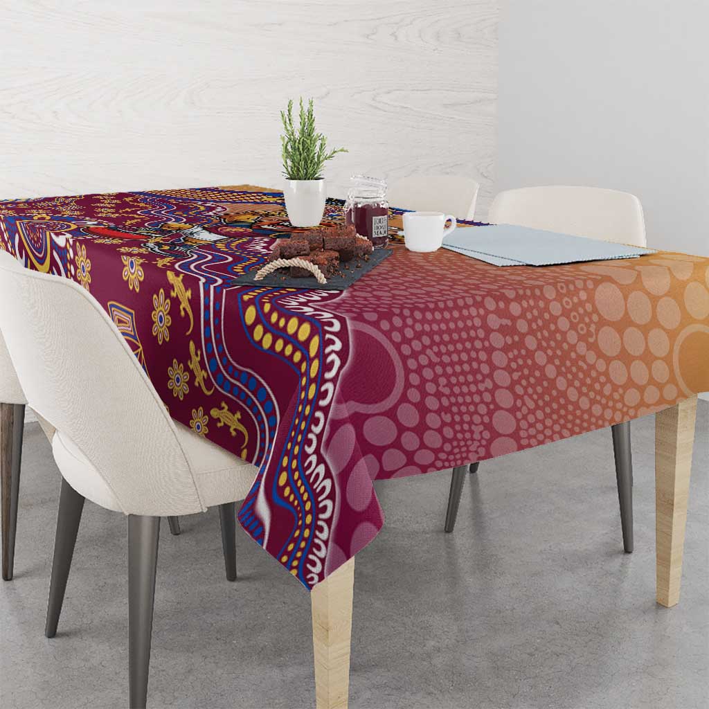 Personalized Brisbane Lions Football Mascot Tablecloth Aboriginal Dot Art Style Vibrant Indigenous Pattern Design