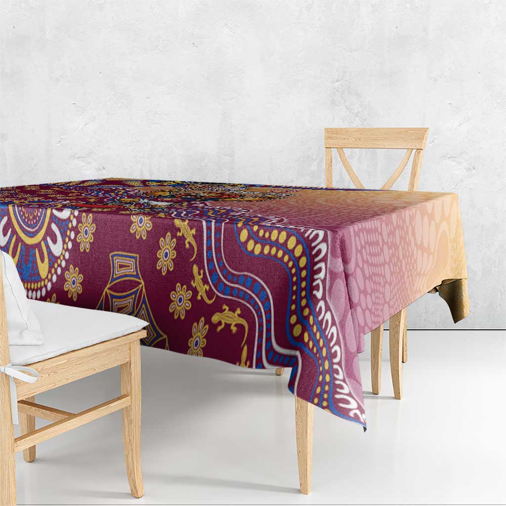 Personalized Brisbane Lions Football Mascot Tablecloth Aboriginal Dot Art Style Vibrant Indigenous Pattern Design