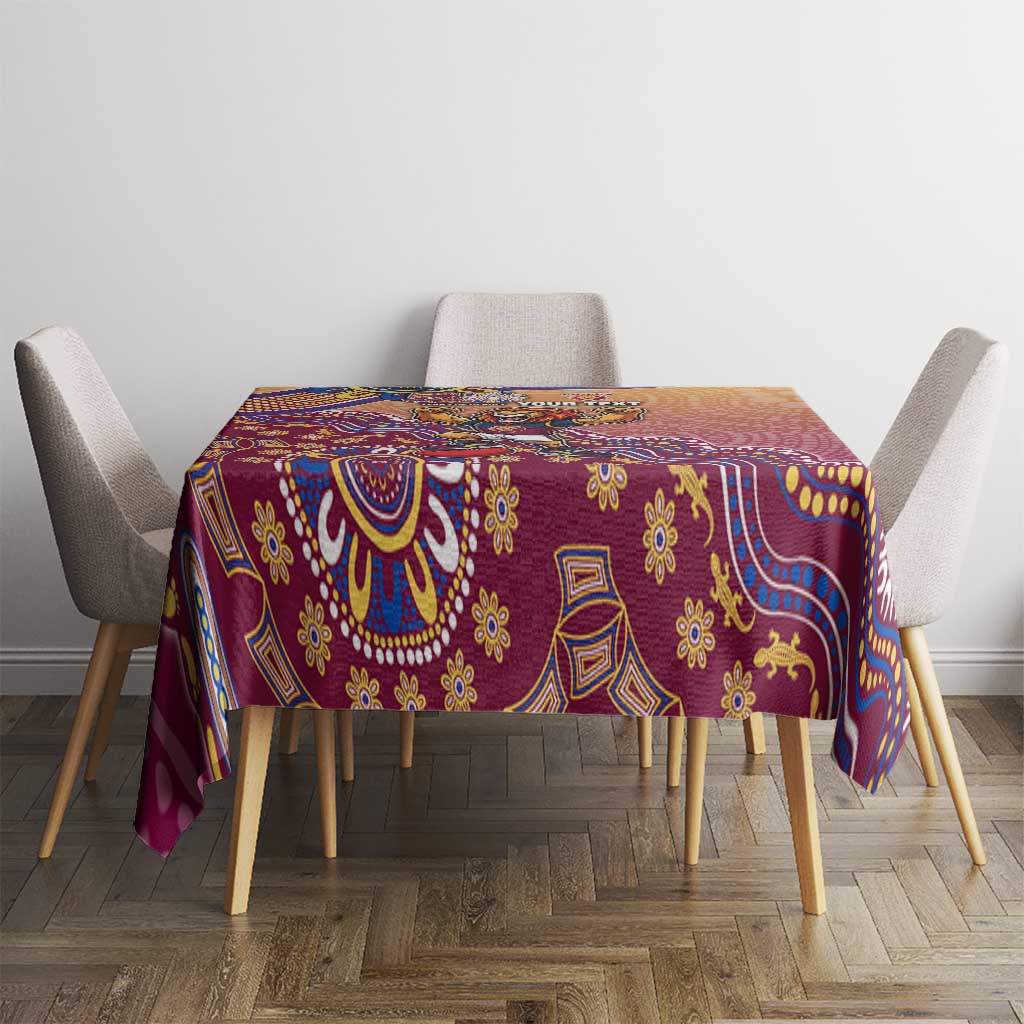 Personalized Brisbane Lions Football Mascot Tablecloth Aboriginal Dot Art Style Vibrant Indigenous Pattern Design