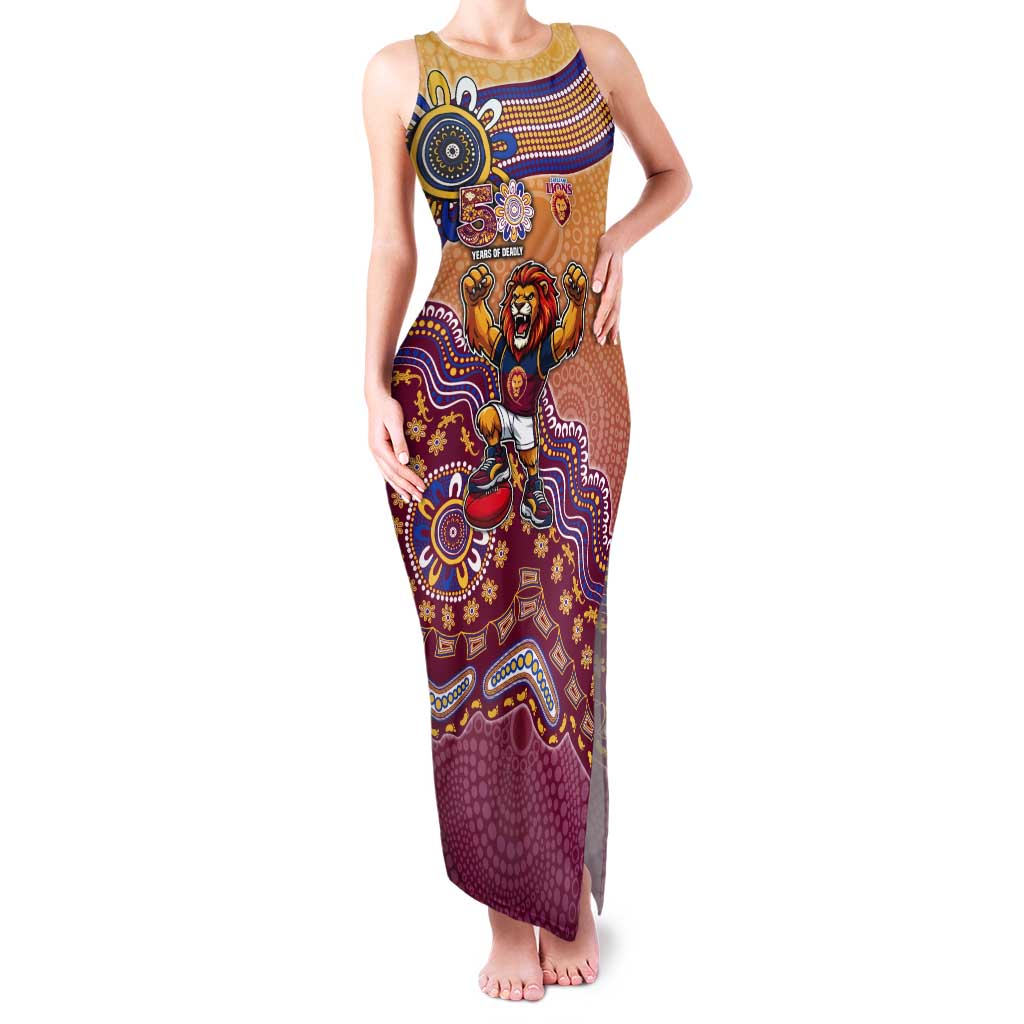 Personalized Brisbane Lions Football Mascot Tank Maxi Dress Aboriginal Dot Art Style Vibrant Indigenous Pattern Design