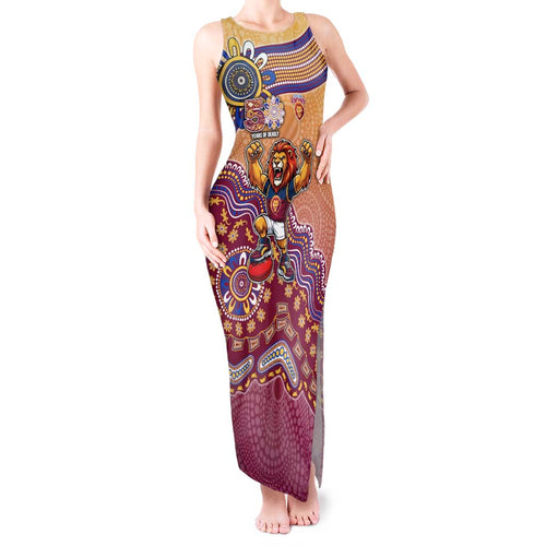 Personalized Brisbane Lions Football Mascot Tank Maxi Dress Aboriginal Dot Art Style Vibrant Indigenous Pattern Design