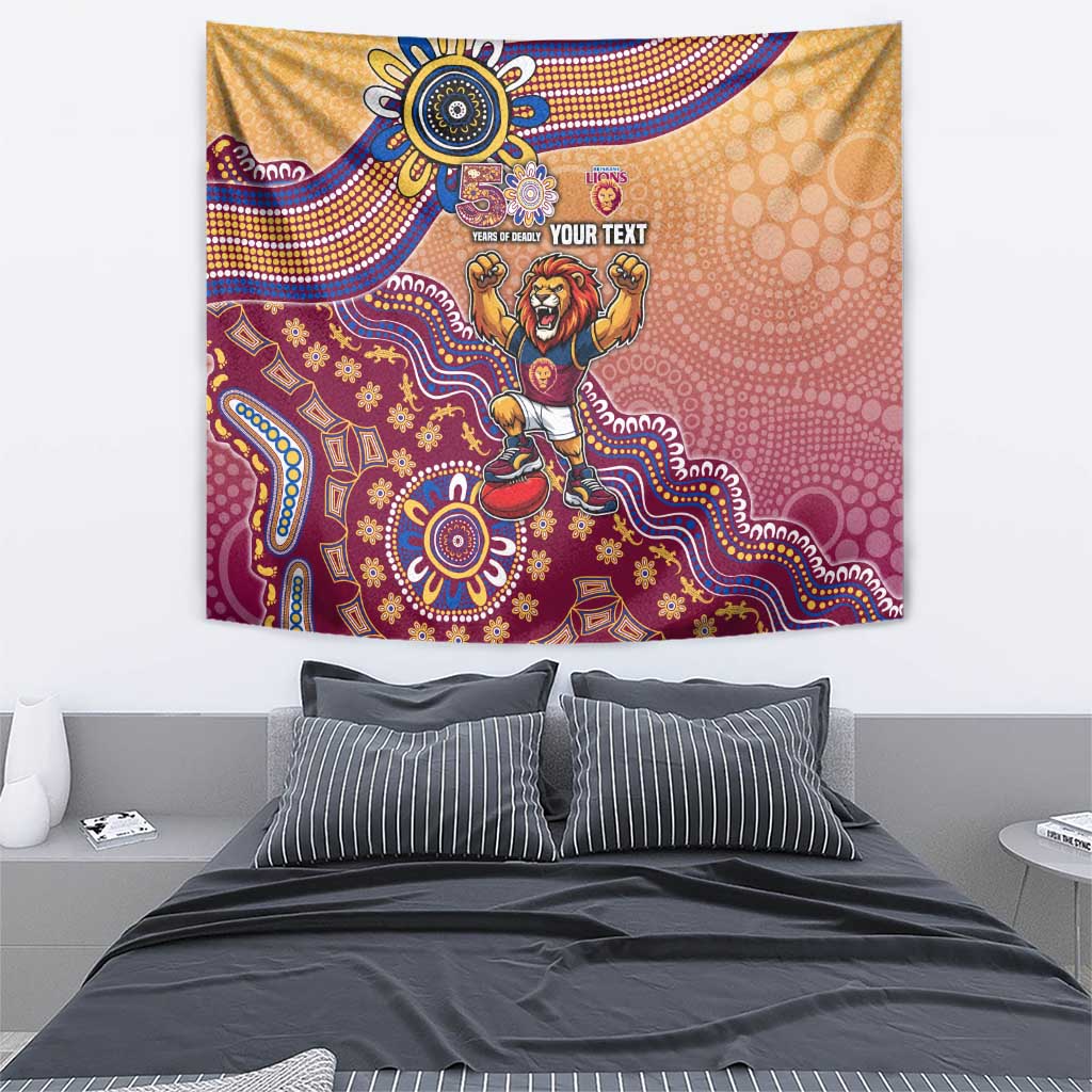 Personalized Brisbane Lions Football Mascot Tapestry Aboriginal Dot Art Style Vibrant Indigenous Pattern Design