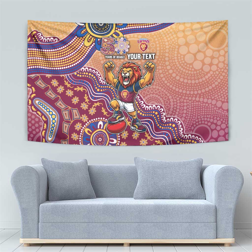 Personalized Brisbane Lions Football Mascot Tapestry Aboriginal Dot Art Style Vibrant Indigenous Pattern Design