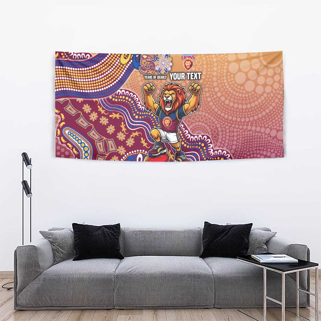 Personalized Brisbane Lions Football Mascot Tapestry Aboriginal Dot Art Style Vibrant Indigenous Pattern Design