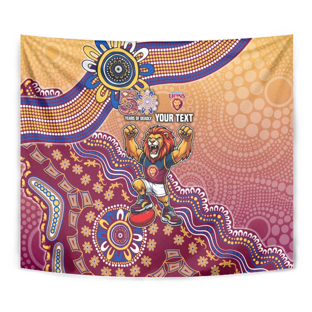 Personalized Brisbane Lions Football Mascot Tapestry Aboriginal Dot Art Style Vibrant Indigenous Pattern Design