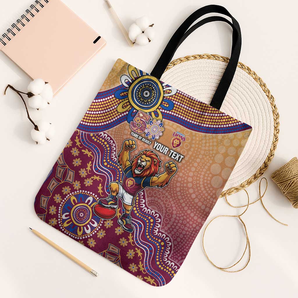 Personalized Brisbane Lions Football Mascot Tote Bag Aboriginal Dot Art Style Vibrant Indigenous Pattern Design