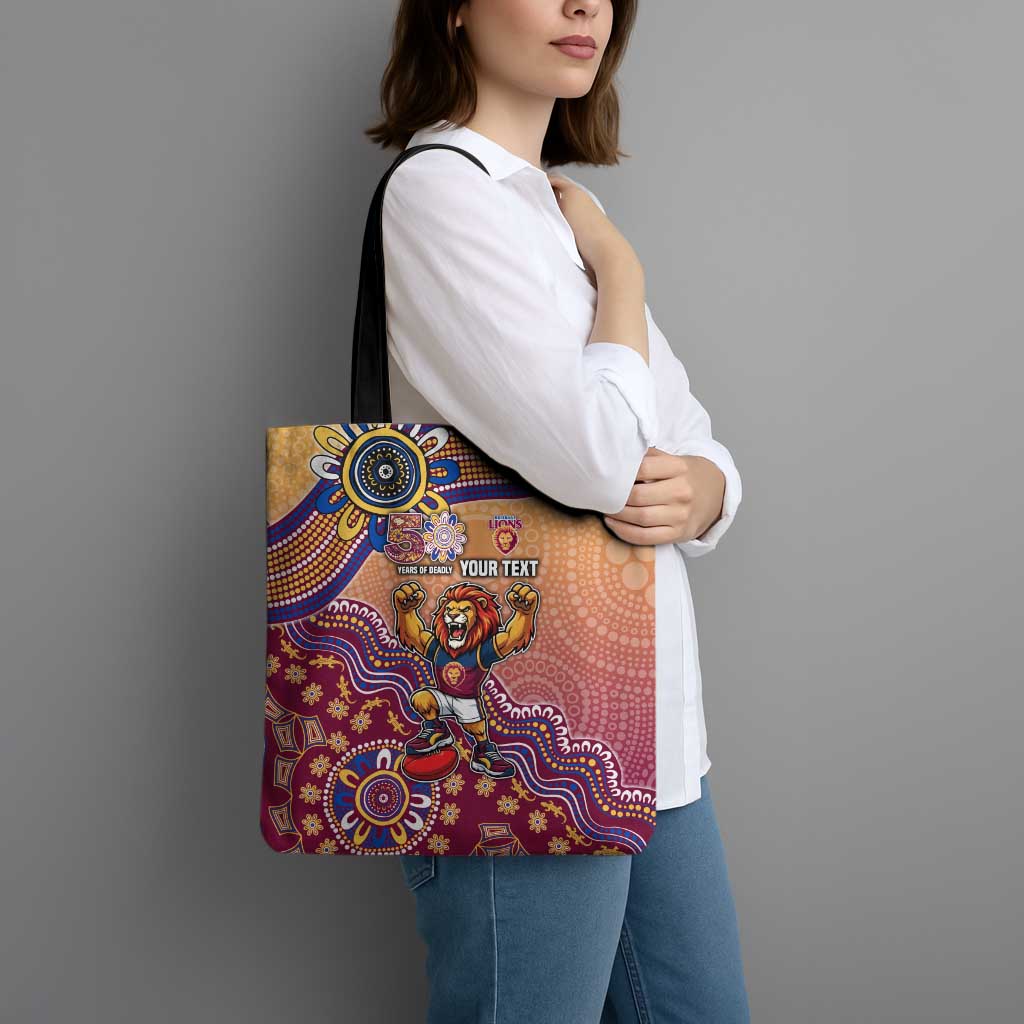 Personalized Brisbane Lions Football Mascot Tote Bag Aboriginal Dot Art Style Vibrant Indigenous Pattern Design