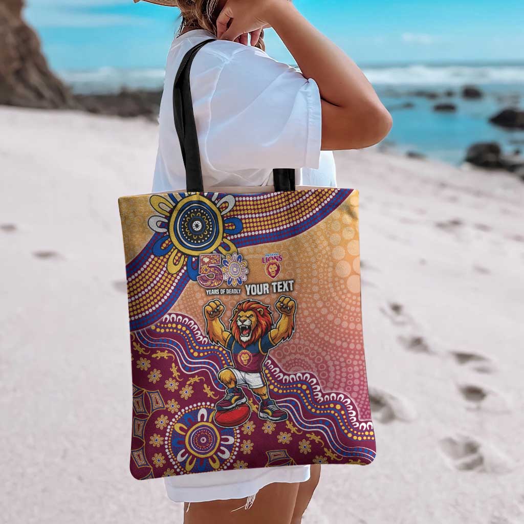 Personalized Brisbane Lions Football Mascot Tote Bag Aboriginal Dot Art Style Vibrant Indigenous Pattern Design