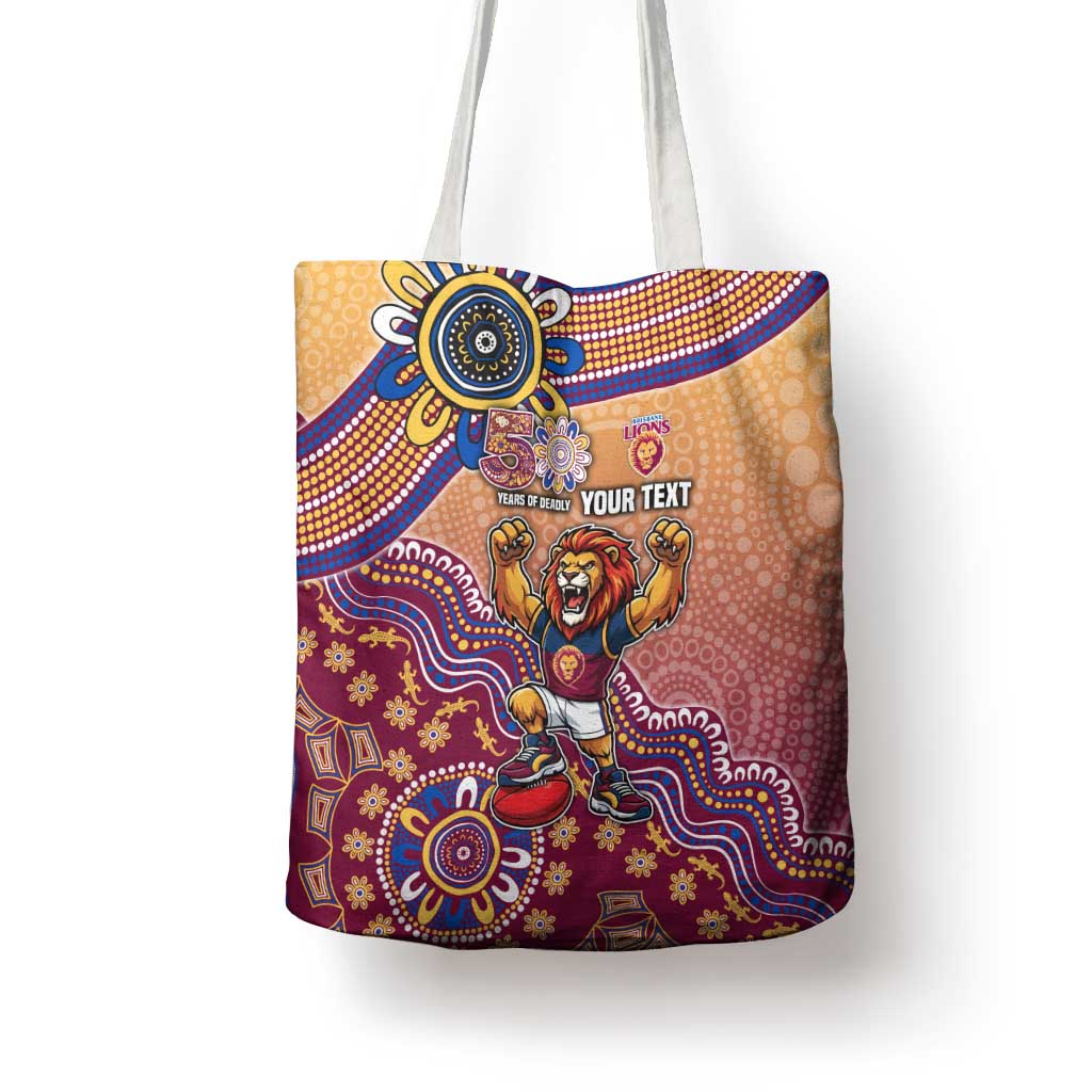 Personalized Brisbane Lions Football Mascot Tote Bag Aboriginal Dot Art Style Vibrant Indigenous Pattern Design