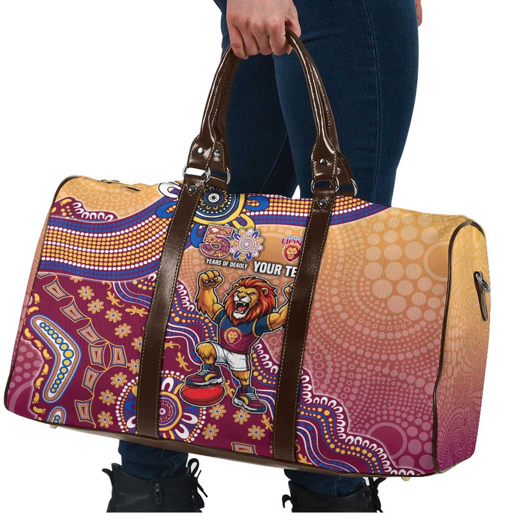 Personalized Brisbane Lions Football Mascot Travel Bag Aboriginal Dot Art Style Vibrant Indigenous Pattern Design