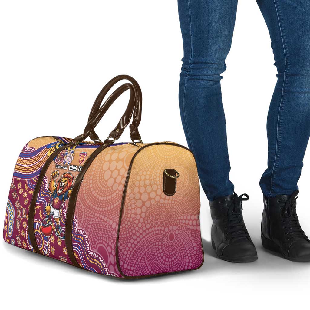 Personalized Brisbane Lions Football Mascot Travel Bag Aboriginal Dot Art Style Vibrant Indigenous Pattern Design