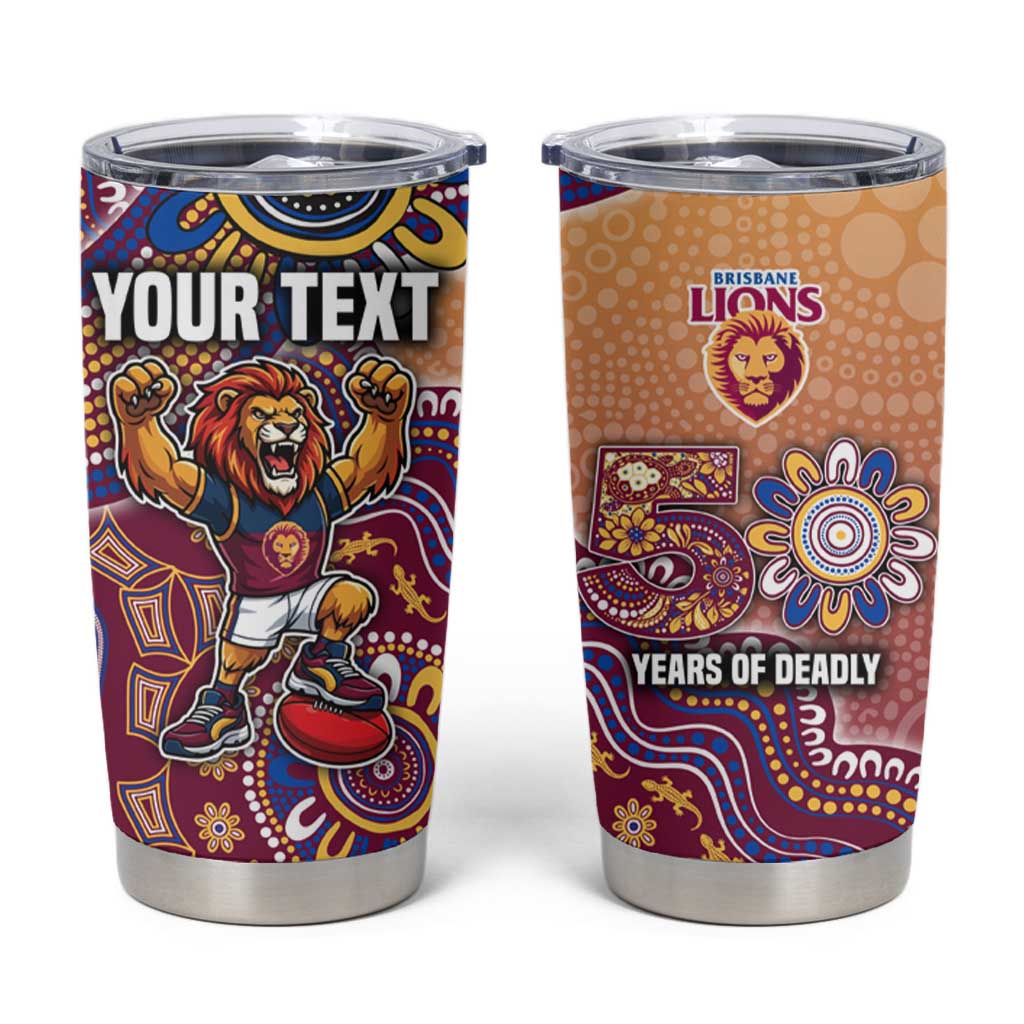 Personalized Brisbane Lions Football Mascot Tumbler Cup Aboriginal Dot Art Style Vibrant Indigenous Pattern Design