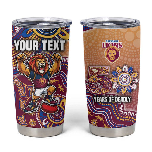 Personalized Brisbane Lions Football Mascot Tumbler Cup Aboriginal Dot Art Style Vibrant Indigenous Pattern Design