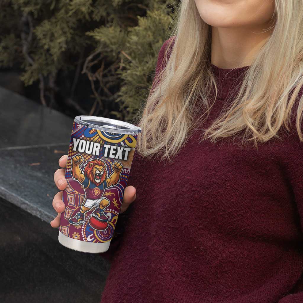 Personalized Brisbane Lions Football Mascot Tumbler Cup Aboriginal Dot Art Style Vibrant Indigenous Pattern Design