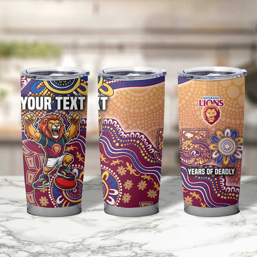 Personalized Brisbane Lions Football Mascot Tumbler Cup Aboriginal Dot Art Style Vibrant Indigenous Pattern Design