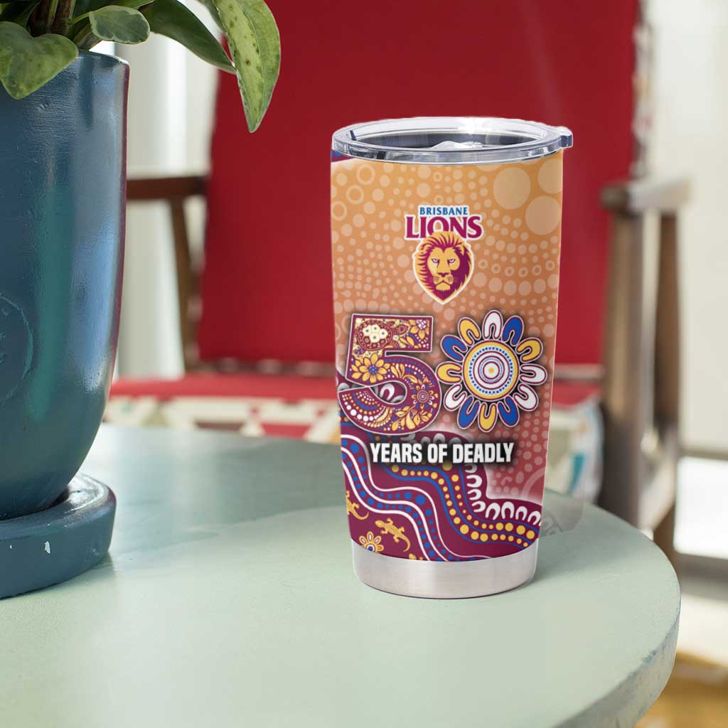 Personalized Brisbane Lions Football Mascot Tumbler Cup Aboriginal Dot Art Style Vibrant Indigenous Pattern Design