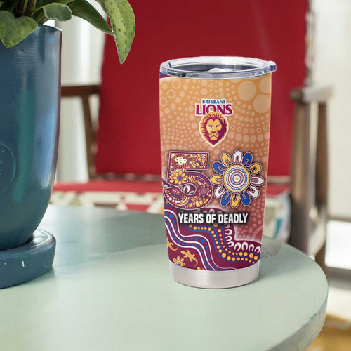 Personalized Brisbane Lions Football Mascot Tumbler Cup Aboriginal Dot Art Style Vibrant Indigenous Pattern Design