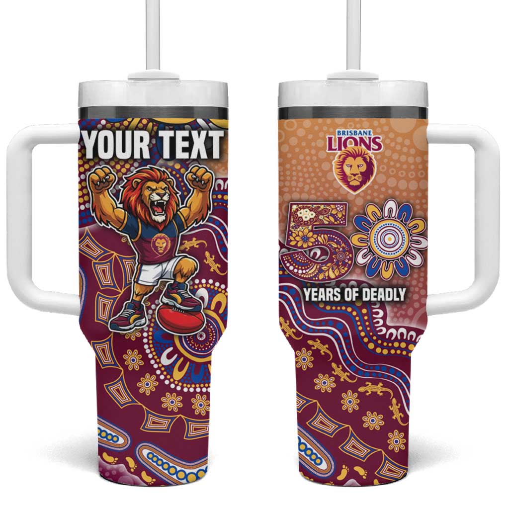 Personalized Brisbane Lions Football Mascot Tumbler With Handle Aboriginal Dot Art Style Vibrant Indigenous Pattern Design