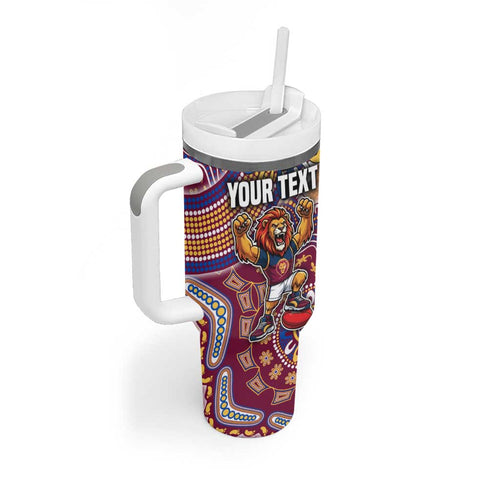 Personalized Brisbane Lions Football Mascot Tumbler With Handle Aboriginal Dot Art Style Vibrant Indigenous Pattern Design