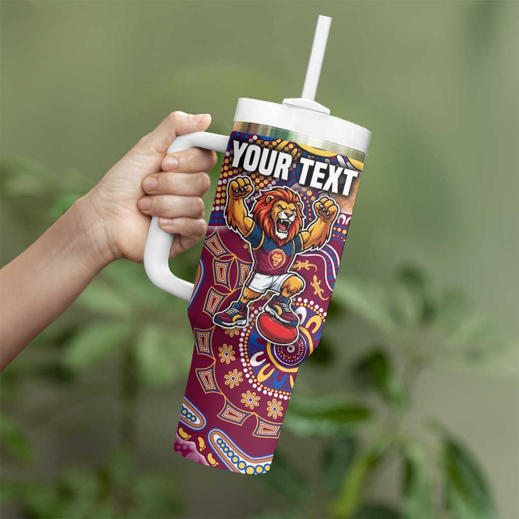 Personalized Brisbane Lions Football Mascot Tumbler With Handle Aboriginal Dot Art Style Vibrant Indigenous Pattern Design