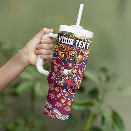 Personalized Brisbane Lions Football Mascot Tumbler With Handle Aboriginal Dot Art Style Vibrant Indigenous Pattern Design