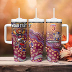 Personalized Brisbane Lions Football Mascot Tumbler With Handle Aboriginal Dot Art Style Vibrant Indigenous Pattern Design