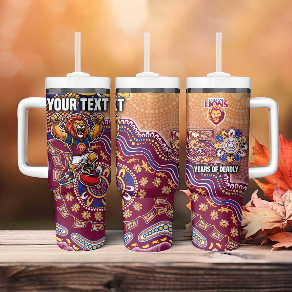 Personalized Brisbane Lions Football Mascot Tumbler With Handle Aboriginal Dot Art Style Vibrant Indigenous Pattern Design