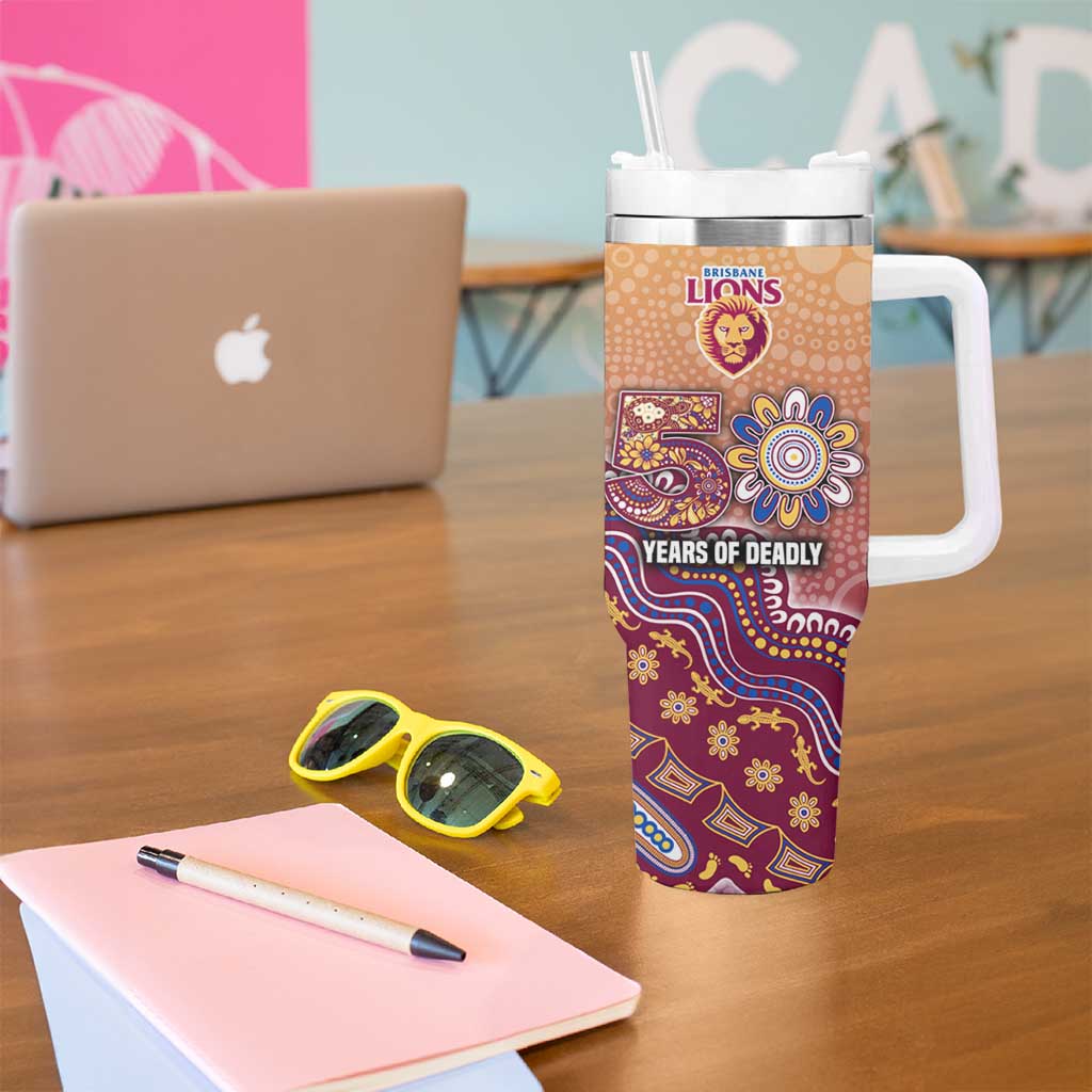Personalized Brisbane Lions Football Mascot Tumbler With Handle Aboriginal Dot Art Style Vibrant Indigenous Pattern Design