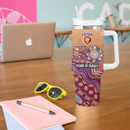 Personalized Brisbane Lions Football Mascot Tumbler With Handle Aboriginal Dot Art Style Vibrant Indigenous Pattern Design
